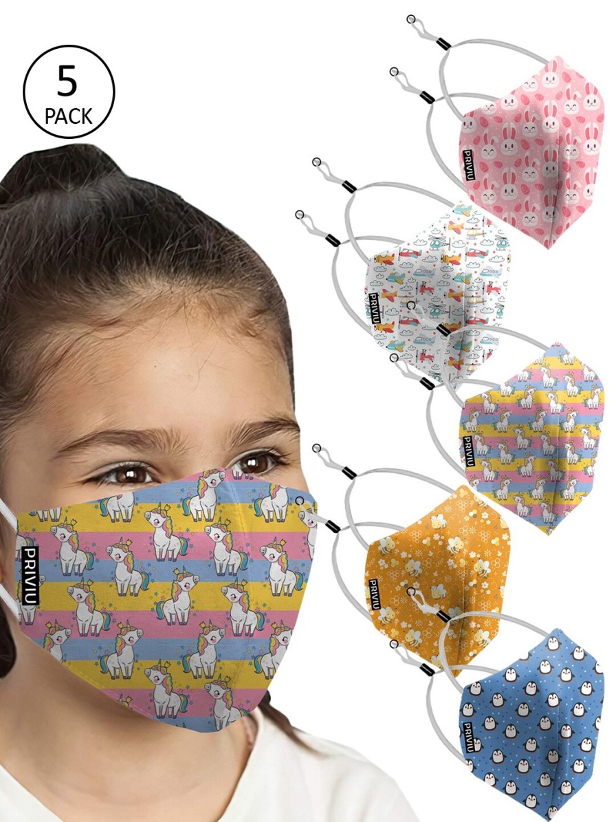 Kids PRIVIU Masks & Protective Gears | Buy Priviu Kids Pack Of 5 Multi Coloured Printed 4 Ply Reusable Cloth Mask - Accessories For Unisex Kids