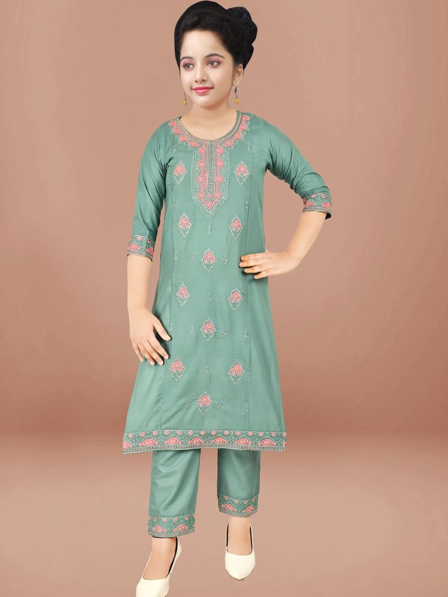 Kids BAESD Kurta Sets | Buy Baesd Girls Floral Embroidered Regular Thread Work Kurta With Trousers - Apparel For Girls