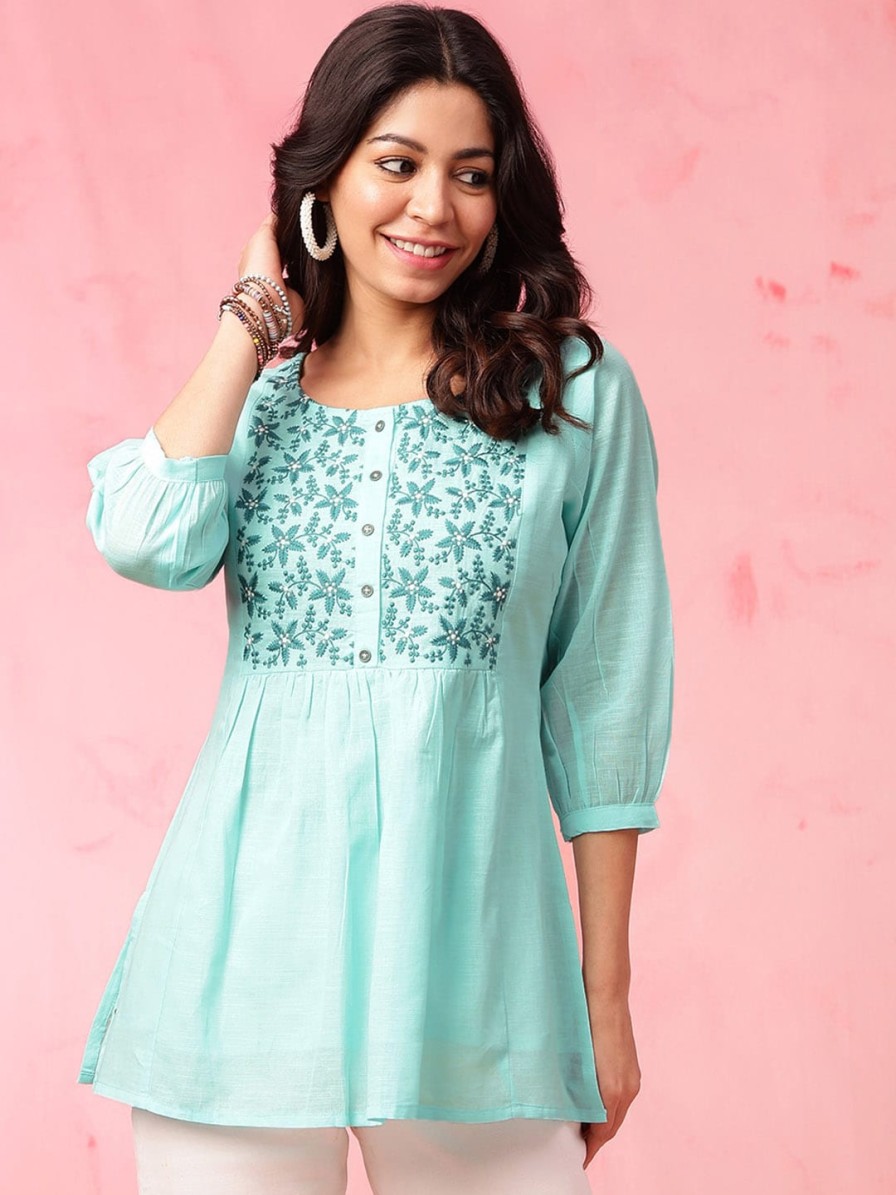 Women Anouk Kurtis, Tunics & Tops | Buy Anouk Blue Floral Embroidered Thread Work Pure Cotton A Line Kurti - Apparel For Women