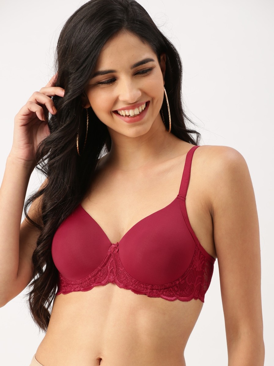 Women DressBerry Bra | Buy Dressberry Maroon Lace Underwired Lightly Padded Push Up Bra Db Dr Bra 022B - Apparel For Women