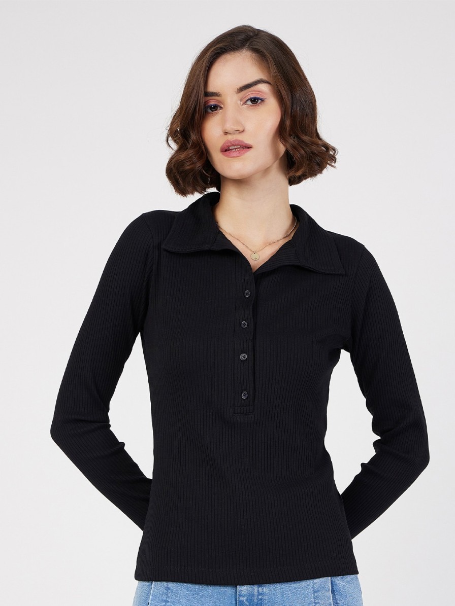 Women SASSAFRAS Tops | Buy Sassafras Black Ribbed Shirt Collar Fitted Top - Apparel For Women