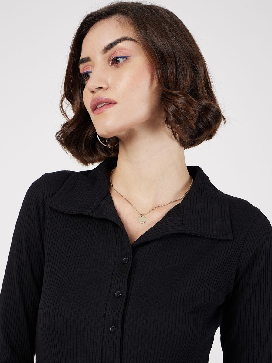 Women SASSAFRAS Tops | Buy Sassafras Black Ribbed Shirt Collar Fitted Top - Apparel For Women