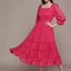 Women Antheaa Dresses | Buy Antheaa Fuchsia Solid Chiffon Smocked Tiered Midi Dress - Apparel For Women