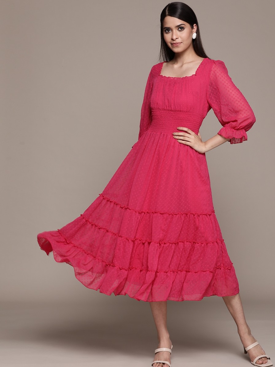 Women Antheaa Dresses | Buy Antheaa Fuchsia Solid Chiffon Smocked Tiered Midi Dress - Apparel For Women