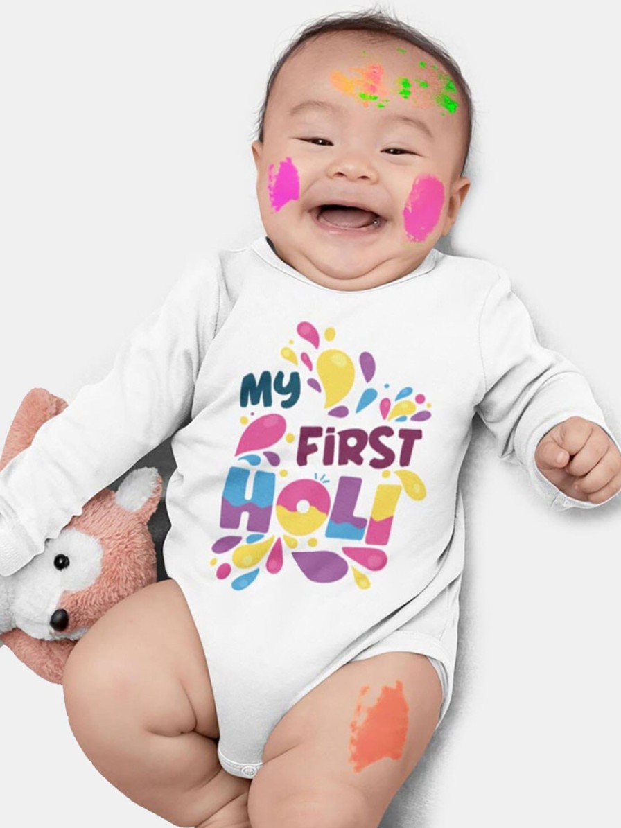 Kids BONKIDS Bodysuits | Buy Bonkids Infant Kids White & Pink My First Holi Printed Cotton Bodysuit - Apparel For Unisex Kids