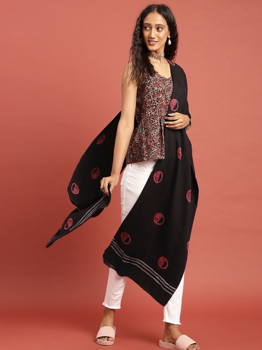 Women Taavi Dupattas & Shawls | Buy Taavi Women Black & Red Hand Block Print Pure Cotton Dupatta - Apparel For Women