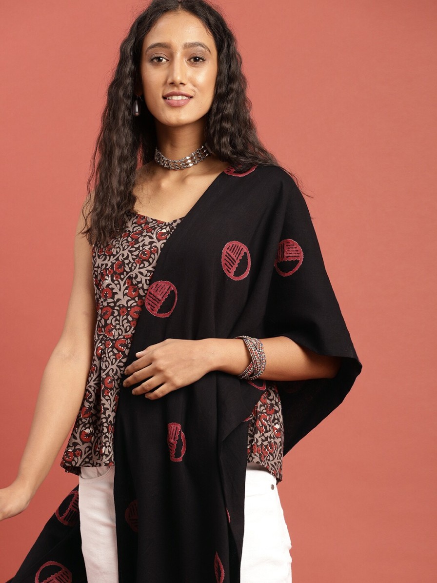 Women Taavi Dupattas & Shawls | Buy Taavi Women Black & Red Hand Block Print Pure Cotton Dupatta - Apparel For Women