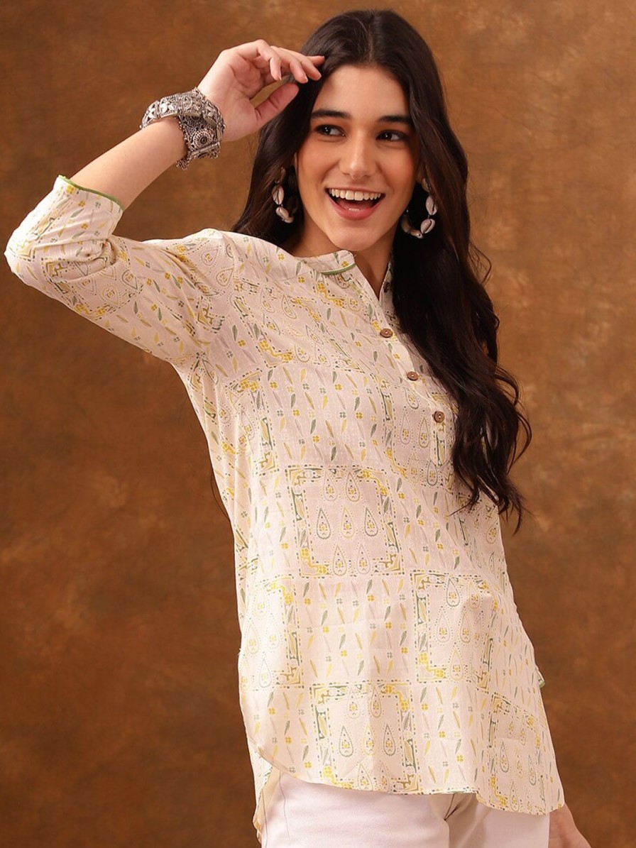 Women Anouk Kurtis, Tunics & Tops | Buy Anouk Cream Coloured Ethnic Motifs Printed Mandarin Collar Straight Kurta - Apparel For Women