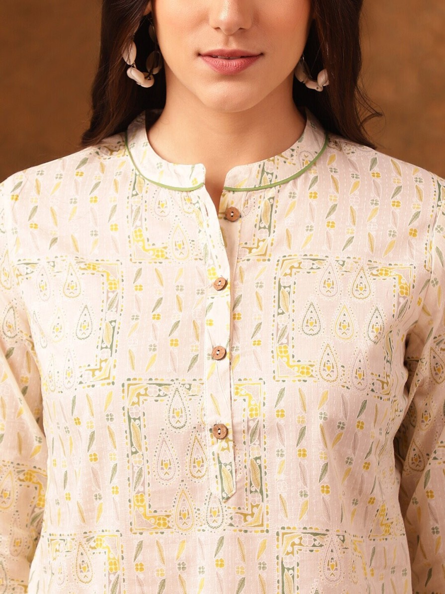 Women Anouk Kurtis, Tunics & Tops | Buy Anouk Cream Coloured Ethnic Motifs Printed Mandarin Collar Straight Kurta - Apparel For Women