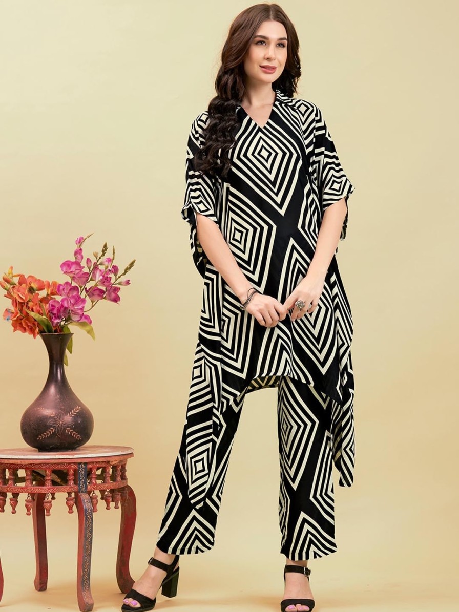 Women Anouk Co-Ords | Buy Anouk Printed Shirt Collar Kaftan Tunic With Trousers - Apparel For Women