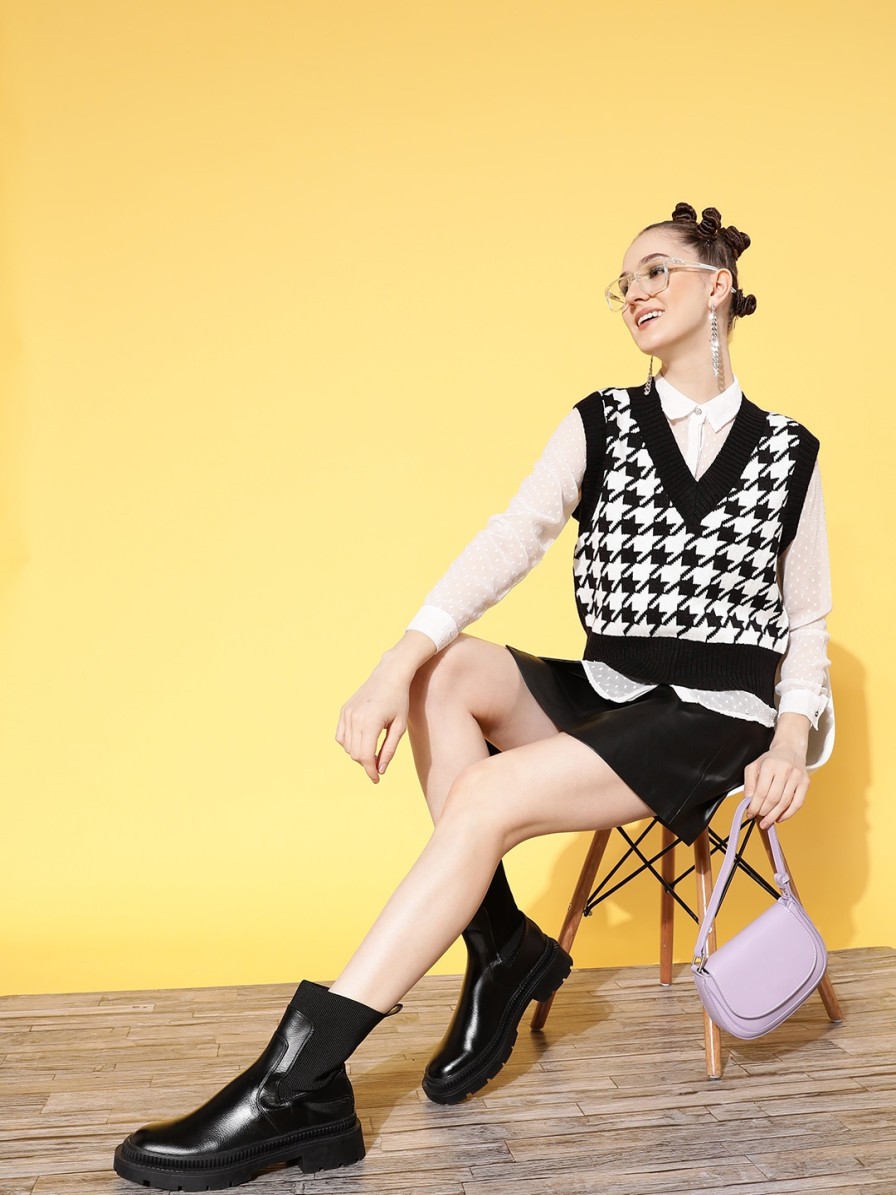 Women SASSAFRAS Sweaters & Sweatshirts | Buy Sassafras Women Black & White Houndstooth Design Sweater Vest - Apparel For Women