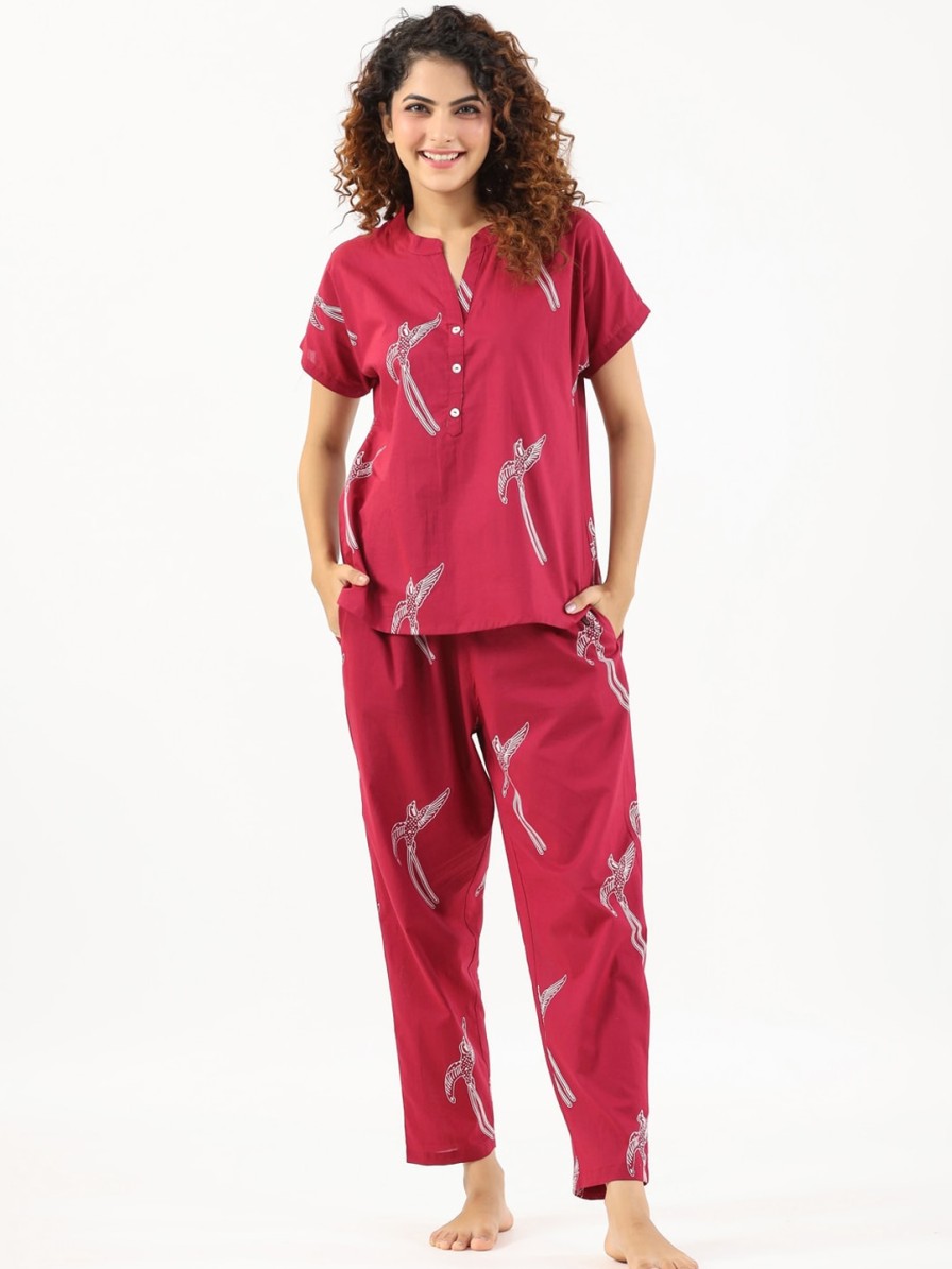 Women SANSKRUTIHOMES Sleepwear & Loungewear | Buy Sanskrutihomes Conversational Printed Mandarin Collar Pure Cotton Night Suit - Apparel For Women