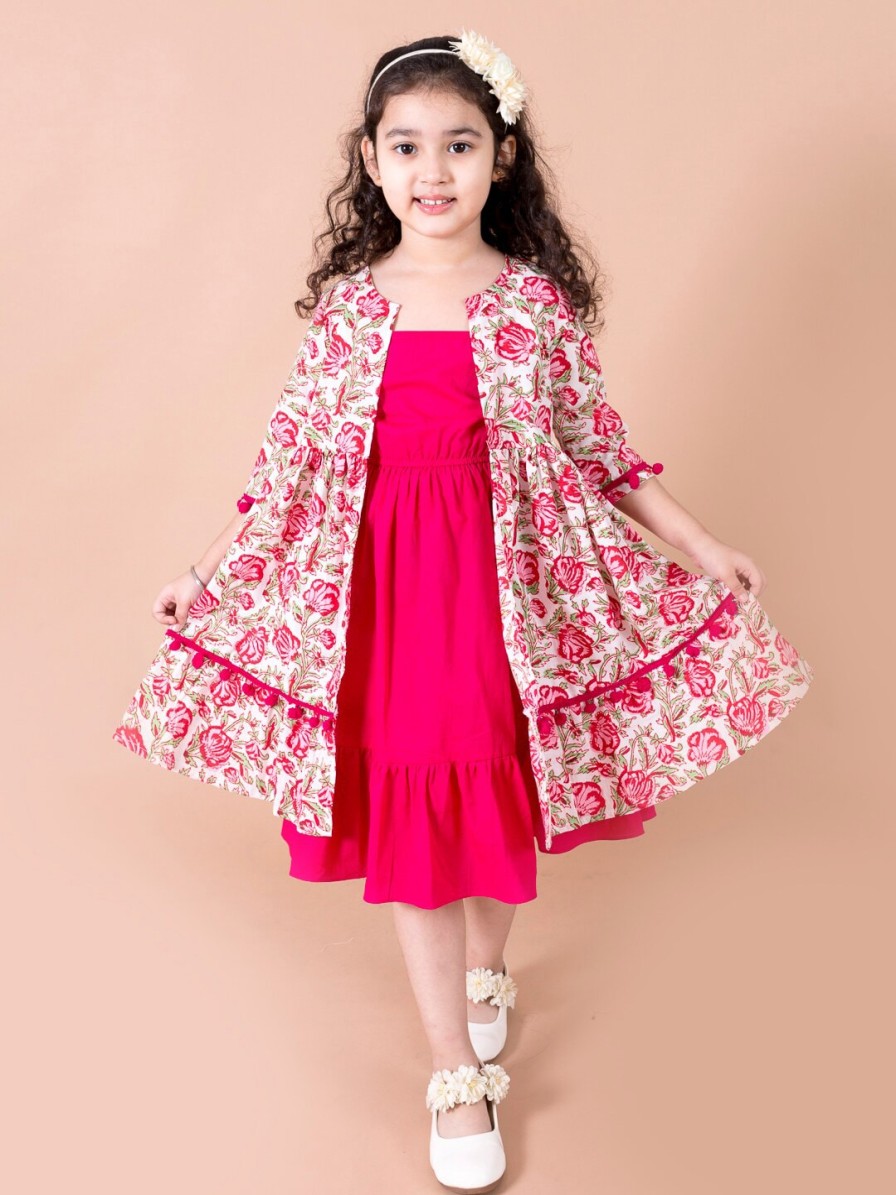 Kids pspeaches Dresses | Buy Pspeaches Magenta & White Floral A Line Cotton Dress With Attached Shrug - Apparel For Girls