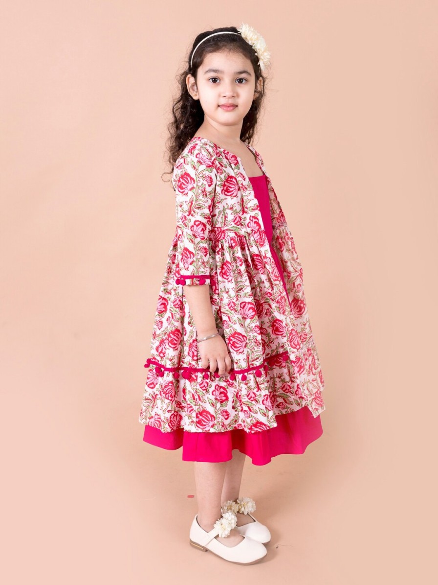 Kids pspeaches Dresses | Buy Pspeaches Magenta & White Floral A Line Cotton Dress With Attached Shrug - Apparel For Girls