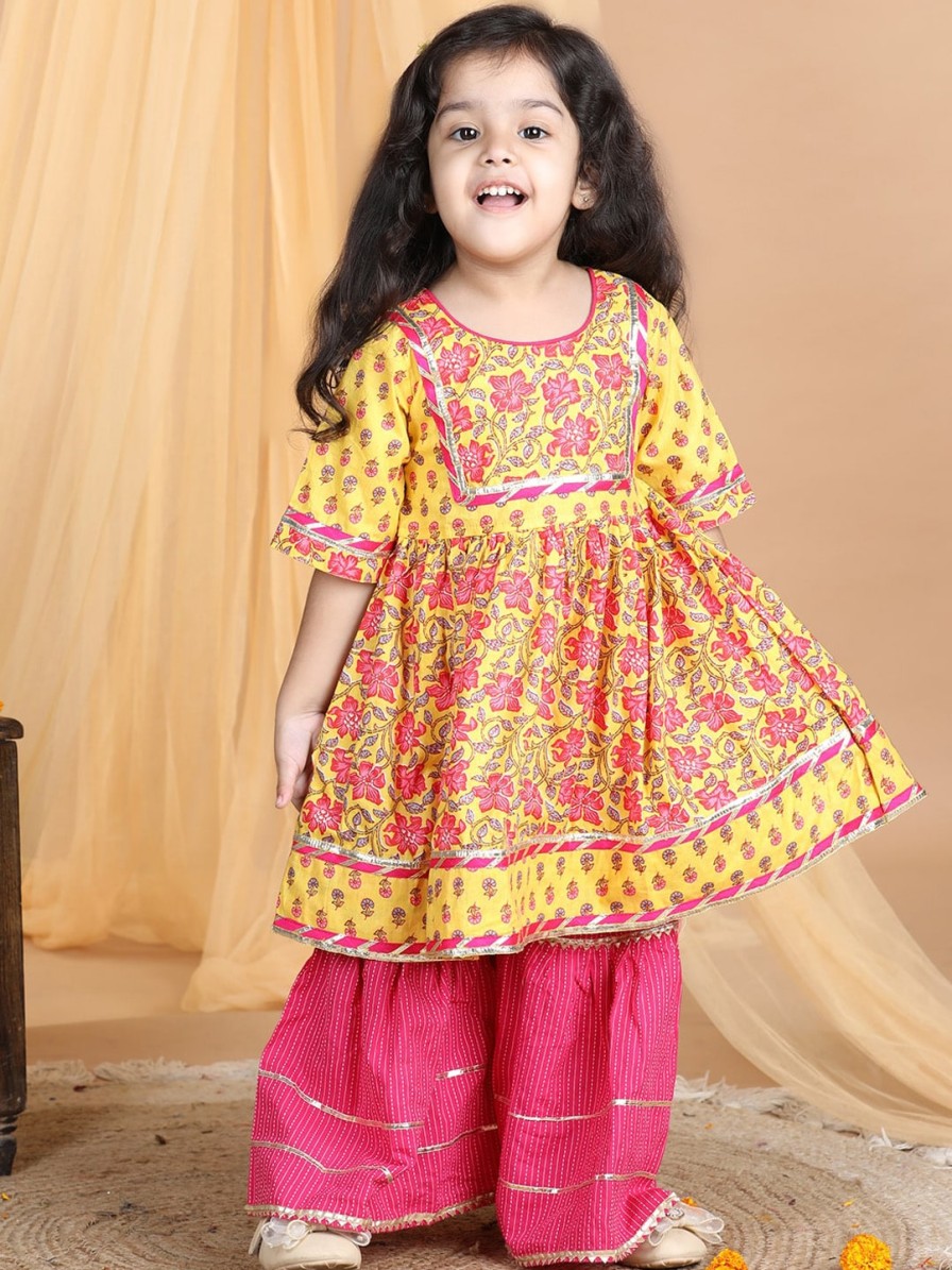 Kids Sangria Kurta Sets | Buy Sangria Girls Floral Printed Pure Cotton A Line Kurta With Palazzos - Apparel For Girls