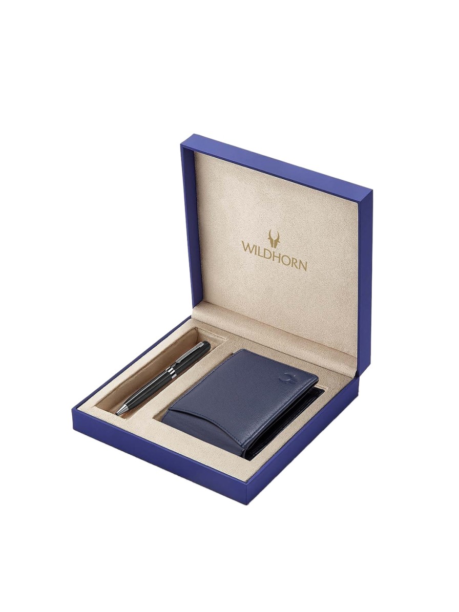 Men WildHorn Accessory Gift Sets | Buy Wildhorn Men Navy Blue & Black Rfid Protected Genuine Leather Wallet & Pen Accessory Gift Set - Accessories For Men