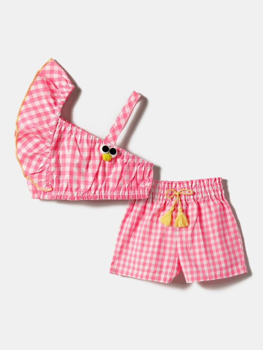 Kids Nauti Nati Clothing Sets | Buy Nauti Nati Girls Checked One Shoulder Ruffled Pure Cotton Crop Top With Shorts - Apparel For Girls