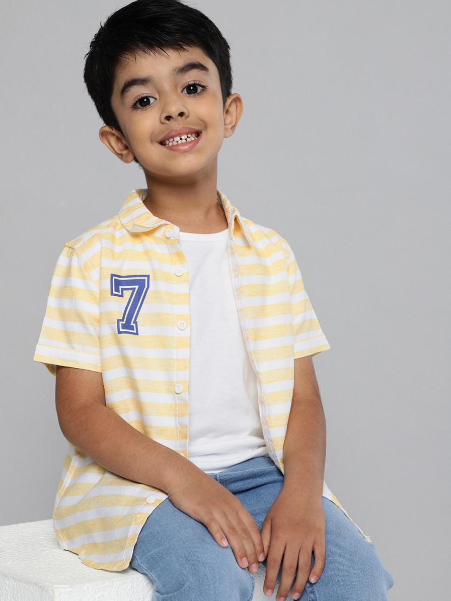 Kids HERE&NOW Shirts | Buy Here&Now Boys Yellow Regular Fit Horizontal Stripes Opaque Pure Cotton Casual Shirt - Apparel For Boys