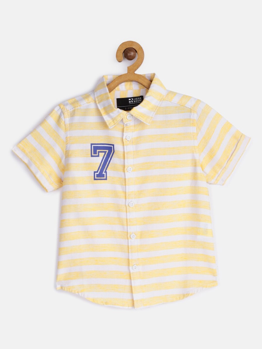 Kids HERE&NOW Shirts | Buy Here&Now Boys Yellow Regular Fit Horizontal Stripes Opaque Pure Cotton Casual Shirt - Apparel For Boys