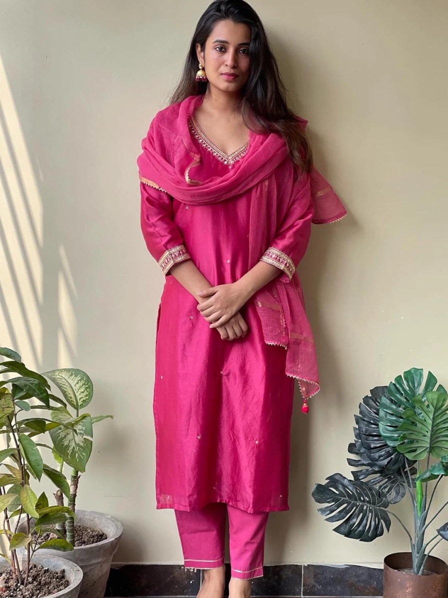 Women KALINI Kurtas & Suits | Buy Kalini Thread Work V Neck Straight Kurta With Trousers & With Dupatta - Apparel For Women