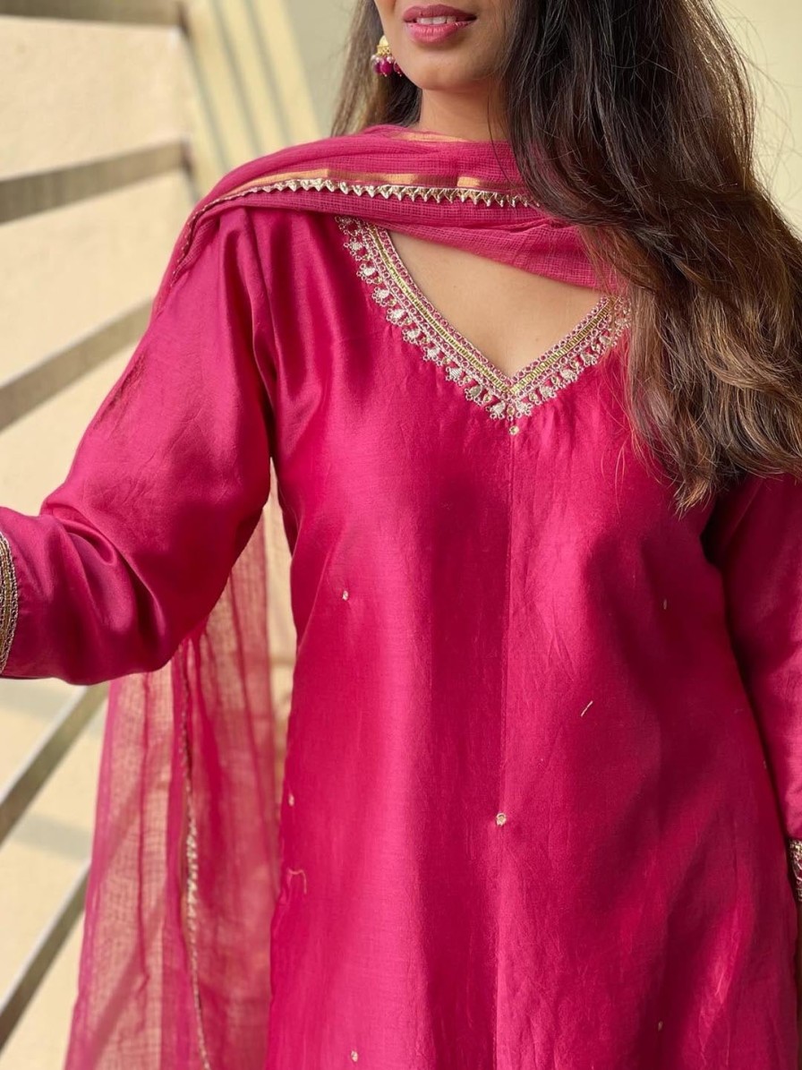 Women KALINI Kurtas & Suits | Buy Kalini Thread Work V Neck Straight Kurta With Trousers & With Dupatta - Apparel For Women