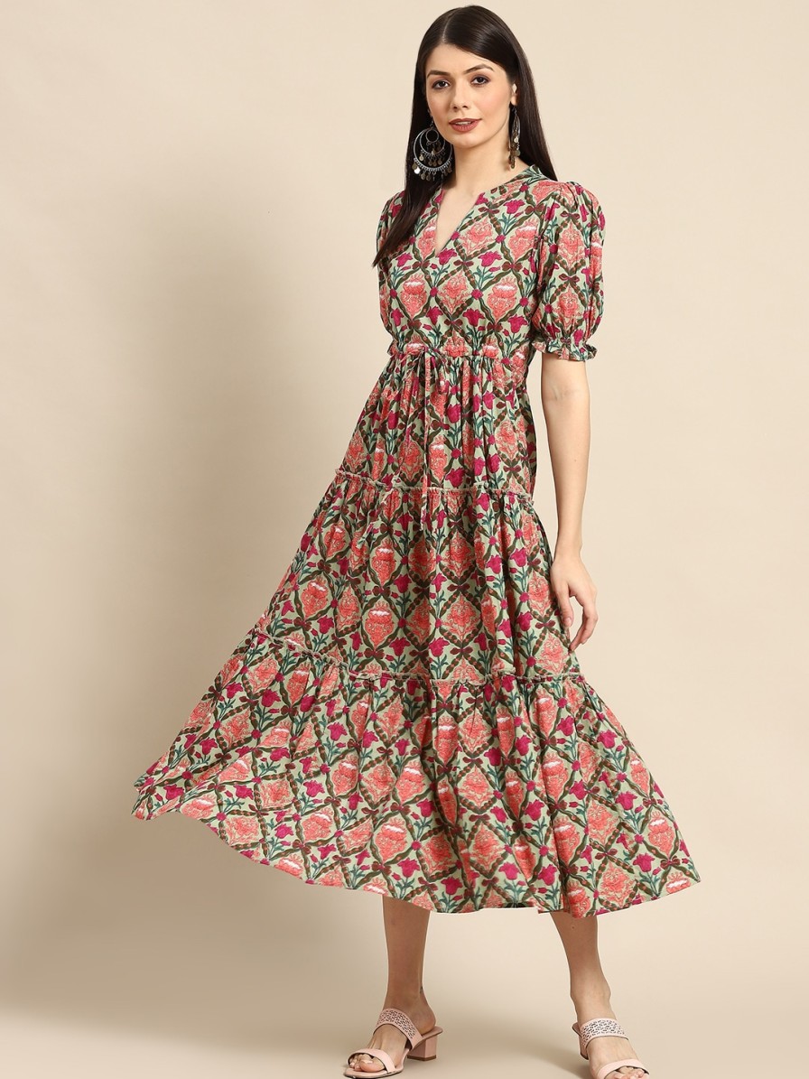 Women anayna Dresses | Buy Anayna Green & Pink Ethnic Motifs Printed Tiered Pure Cotton A Line Midi Dress - Apparel For Women