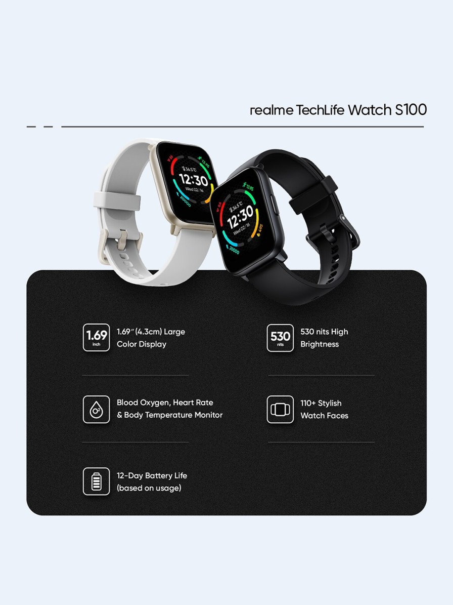 Men Realme Smart Wearables | Buy Realme Black Strap Techlife Watch S100 1.69 Hd Display With Temperature Sensor Smartwatch - Accessories For Unisex