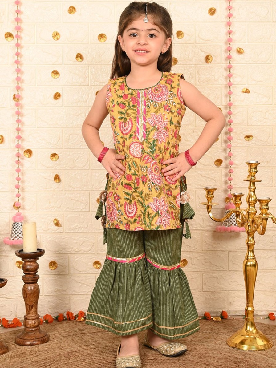 Kids Sangria Kurta Sets | Buy Sangria Girls Floral Printed Pure Cotton Round Neck Kurta With Sharara - Apparel For Girls