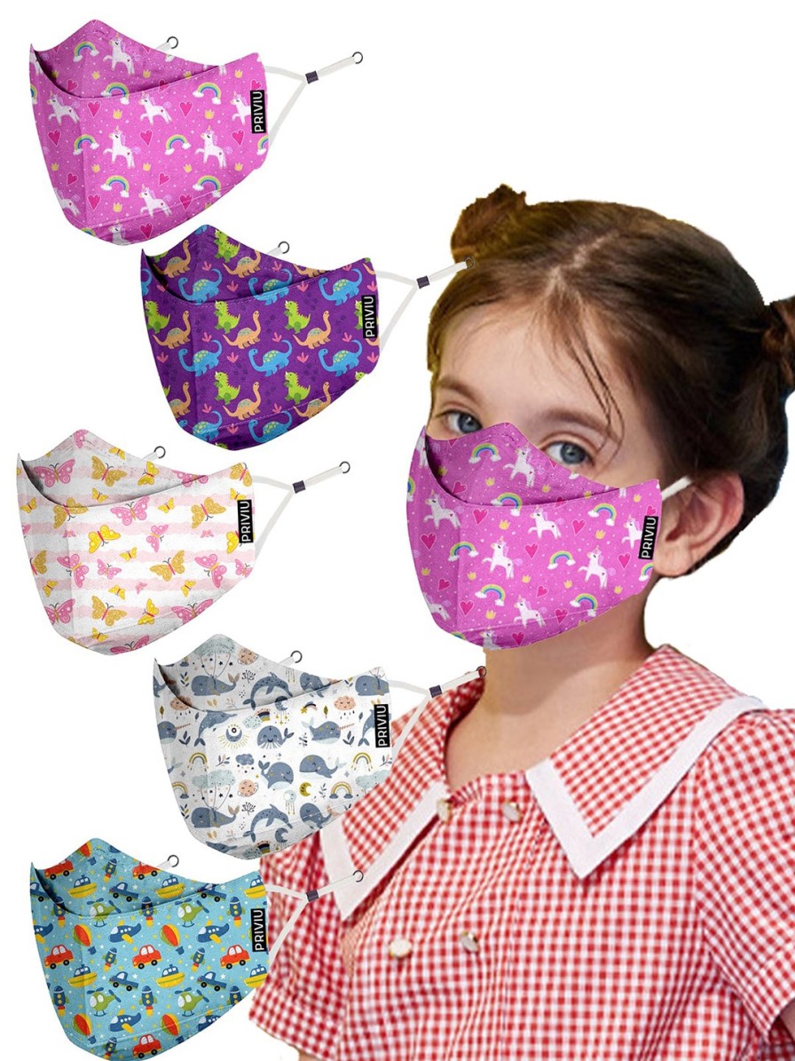 Kids PRIVIU Masks & Protective Gears | Buy Priviu Kids Multicoloured Pack Of 5 4 Ply Reusable Cloth Masks - Accessories For Unisex Kids