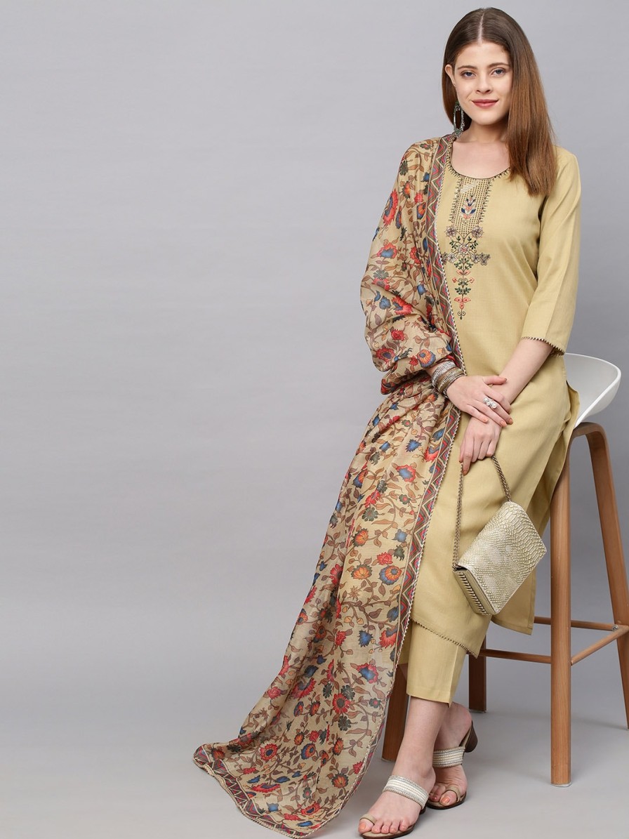 Women KALINI Kurtas & Suits | Buy Kalini Women Beige Floral Yoke Design Straight Kurta With Trousers & With Dupatta - Apparel For Women