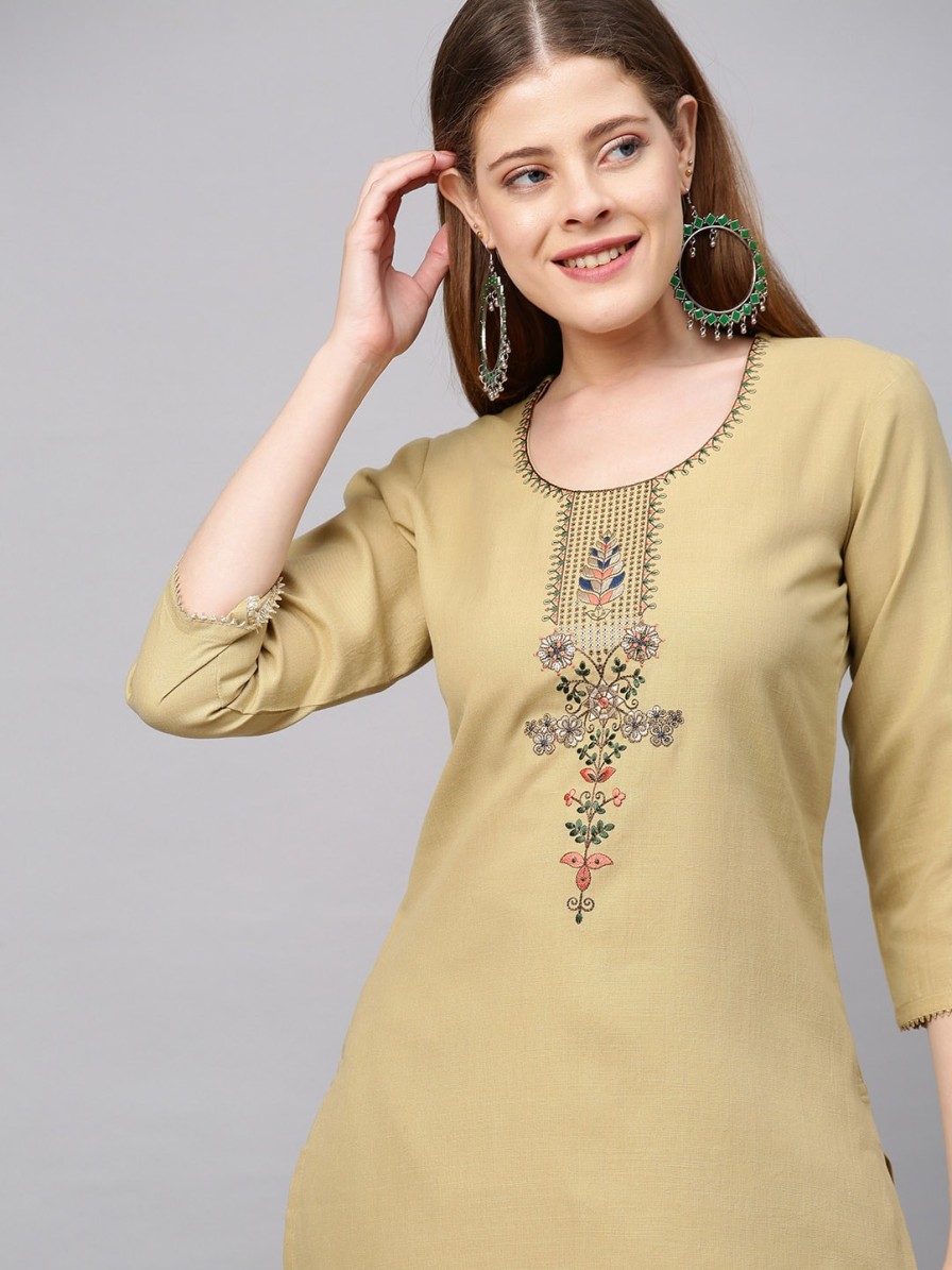 Women KALINI Kurtas & Suits | Buy Kalini Women Beige Floral Yoke Design Straight Kurta With Trousers & With Dupatta - Apparel For Women