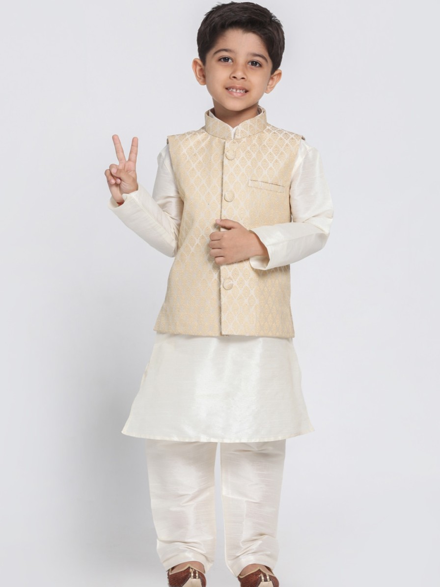 Kids VASTRAMAY Ethnic Wear | Buy Vastramay Boys Cream Coloured Self Design Kurta With Churidar & Jacket - Apparel For Boys