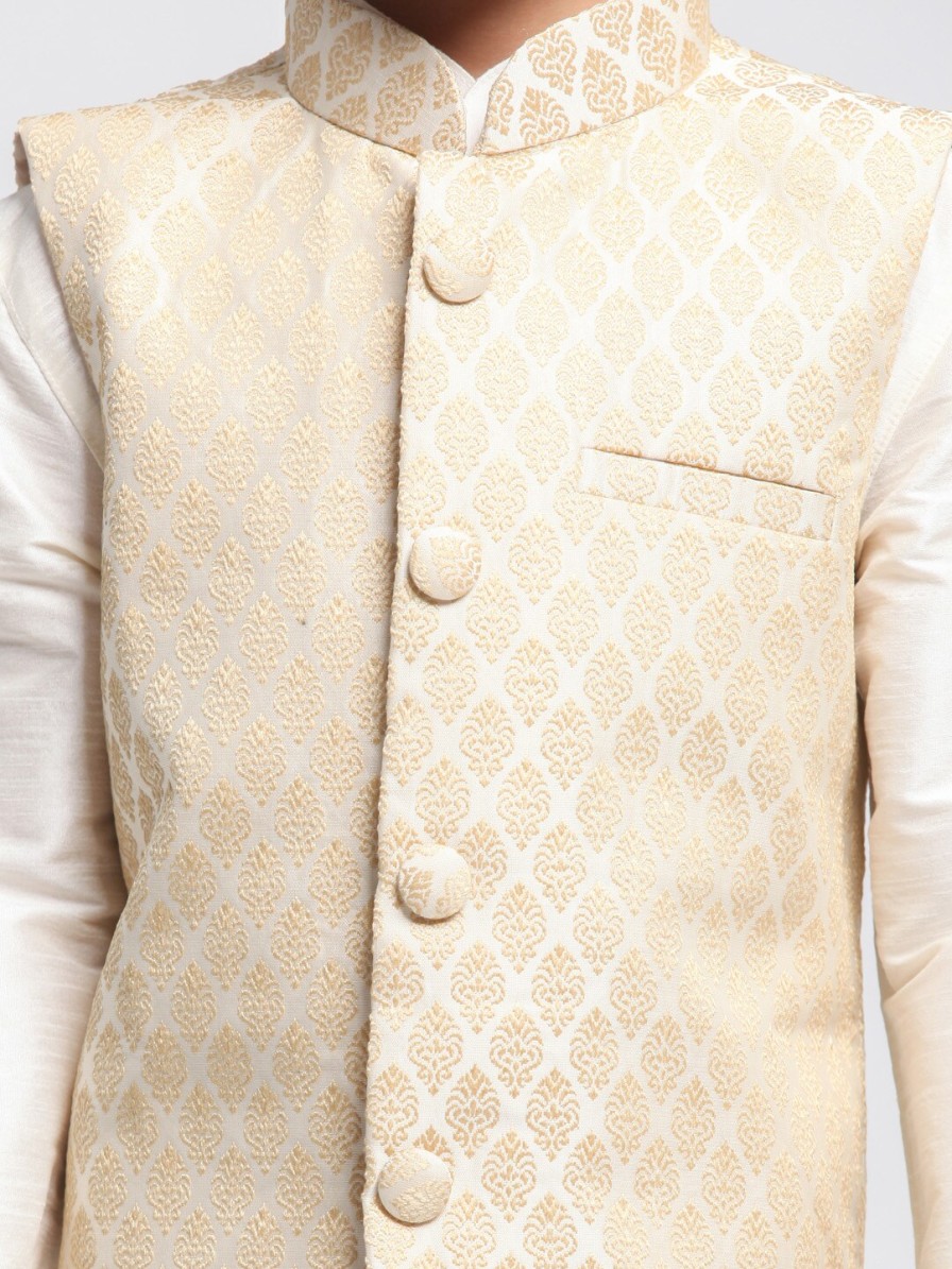 Kids VASTRAMAY Ethnic Wear | Buy Vastramay Boys Cream Coloured Self Design Kurta With Churidar & Jacket - Apparel For Boys