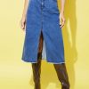 Women StyleStone Shorts & Skirts | Buy Stylestone A Line Center Slit Denim Midi Skirt With Fringed Hem - Apparel For Women