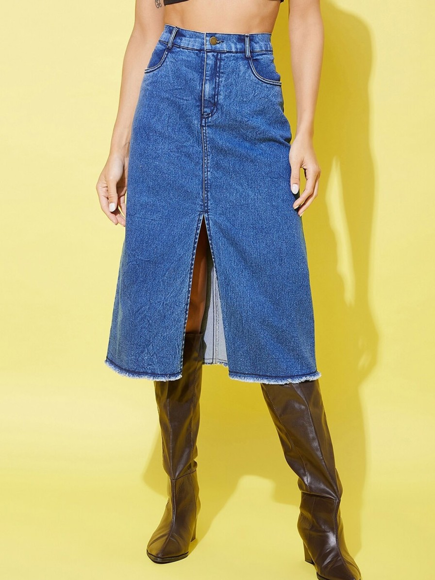 Women StyleStone Shorts & Skirts | Buy Stylestone A Line Center Slit Denim Midi Skirt With Fringed Hem - Apparel For Women