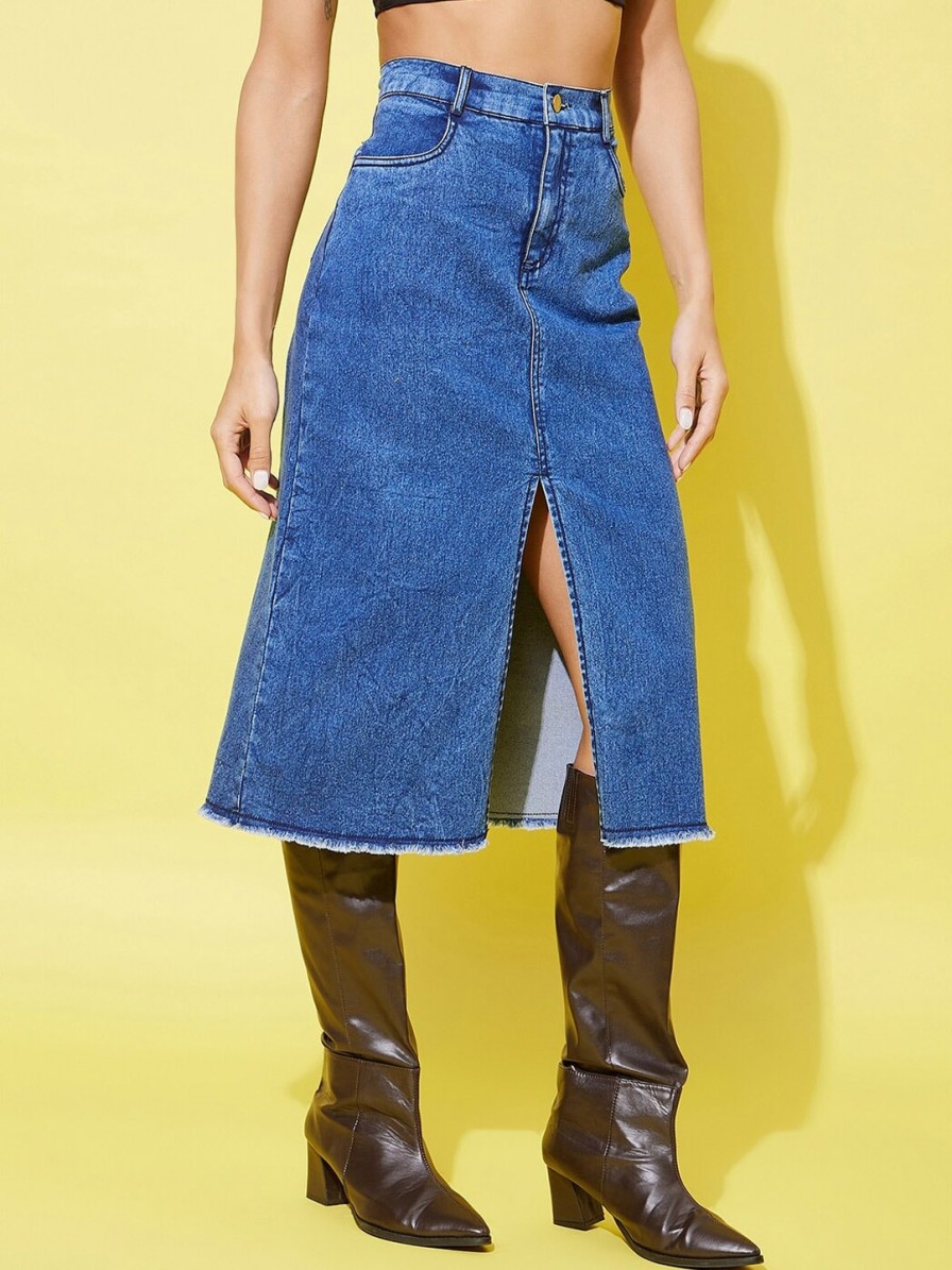 Women StyleStone Shorts & Skirts | Buy Stylestone A Line Center Slit Denim Midi Skirt With Fringed Hem - Apparel For Women