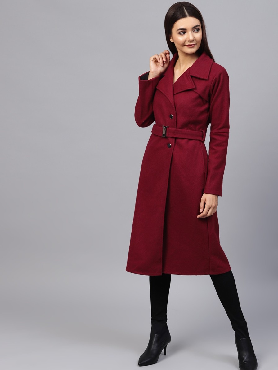 Women Athena Jackets & Coats | Buy Athena Women Maroon Solid Longline Overcoat - Apparel For Women