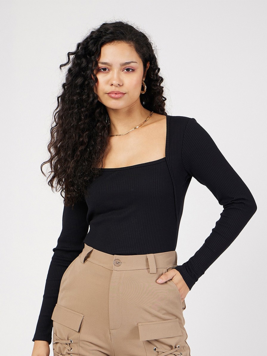 Women SASSAFRAS Tops | Buy Sassafras Black Ribbed Square Neck Fitted Top - Apparel For Women