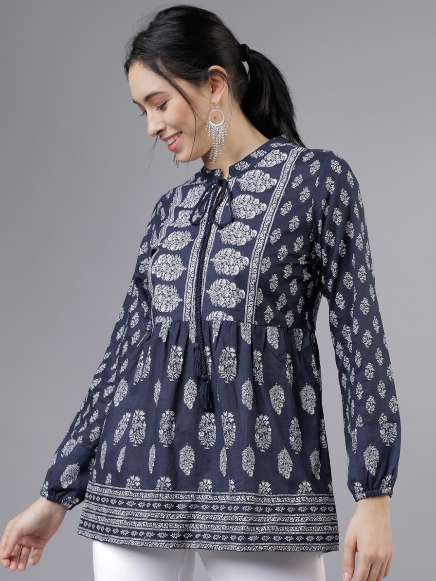 Women Vishudh Kurtis, Tunics & Tops | Buy Vishudh Women Navy Blue & White Printed Tunic - Apparel For Women