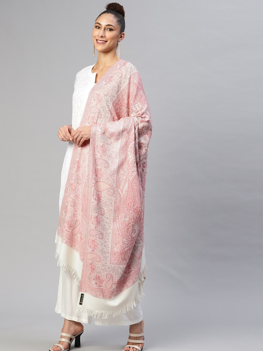 Women WEAVERS VILLA Dupattas & Shawls | Buy Weavers Villa Women White & Pink Paisley Woven Design Shawl - Apparel For Women