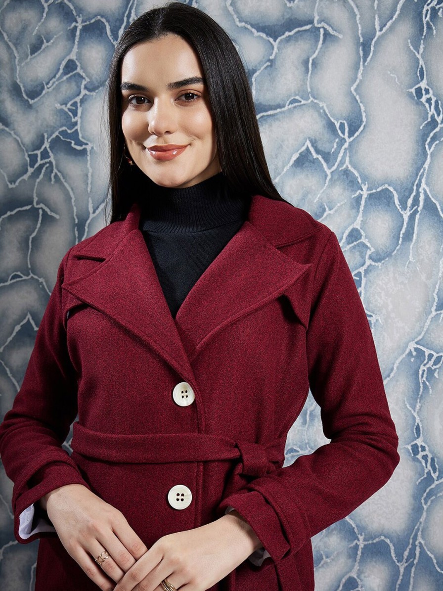 Women Athena Jackets & Coats | Buy Athena Maroon Notched Lapel Collar Woollen Single Breasted Trench Coat - Apparel For Women