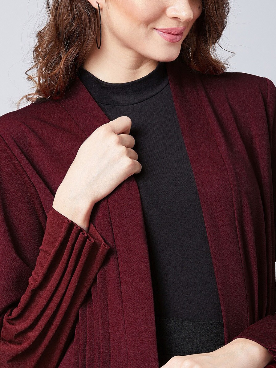 Women Athena Shrugs | Buy Athena Women Maroon Solid Open Front Shrug - Apparel For Women