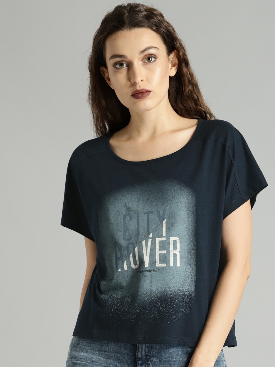 Women Roadster Tshirts | Buy Roadster Women Navy Blue Printed Round Neck Boxy Pure Cotton T Shirt - Apparel For Women