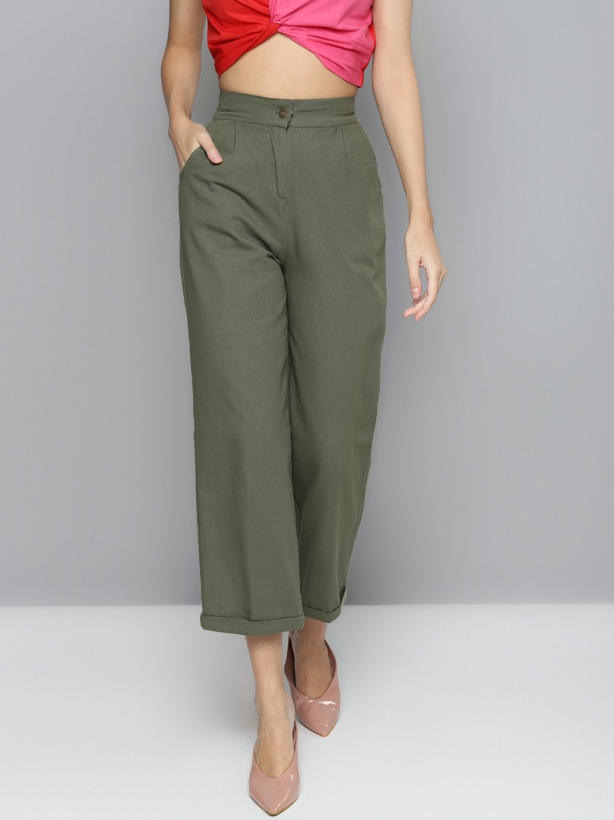 Women SASSAFRAS Trousers & Capris | Buy Sassafras Women Olive Green Pure Cotton Straight Trousers - Apparel For Women