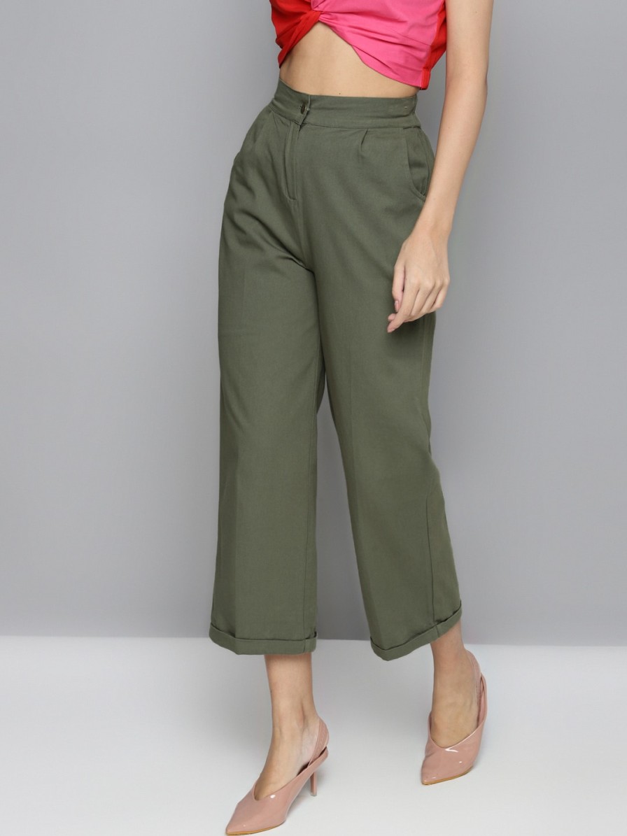 Women SASSAFRAS Trousers & Capris | Buy Sassafras Women Olive Green Pure Cotton Straight Trousers - Apparel For Women