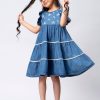 Kids HERE&NOW Dresses | Buy Here&Now Girls Navy Blue & White Embroidered Flutter Sleeves Cotton A Line Dress - Apparel For Girls