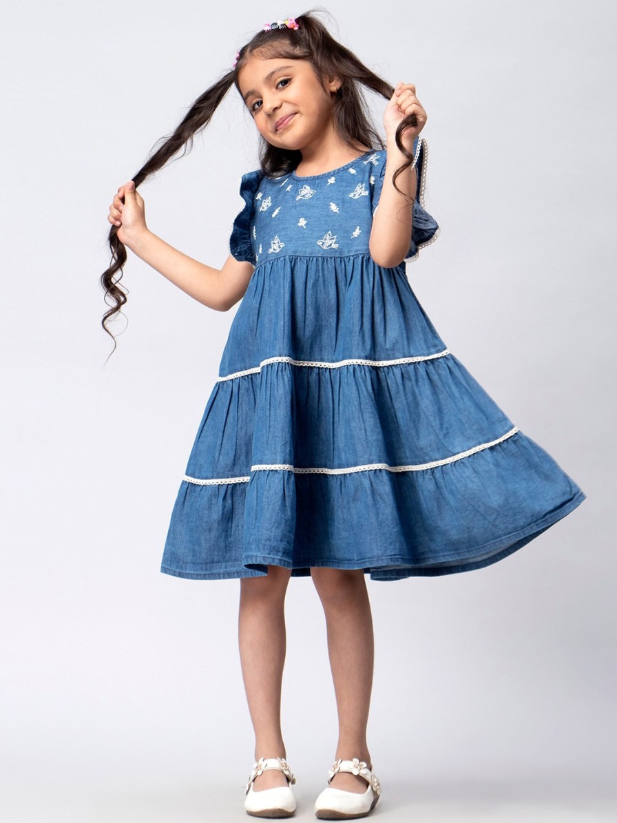 Kids HERE&NOW Dresses | Buy Here&Now Girls Navy Blue & White Embroidered Flutter Sleeves Cotton A Line Dress - Apparel For Girls