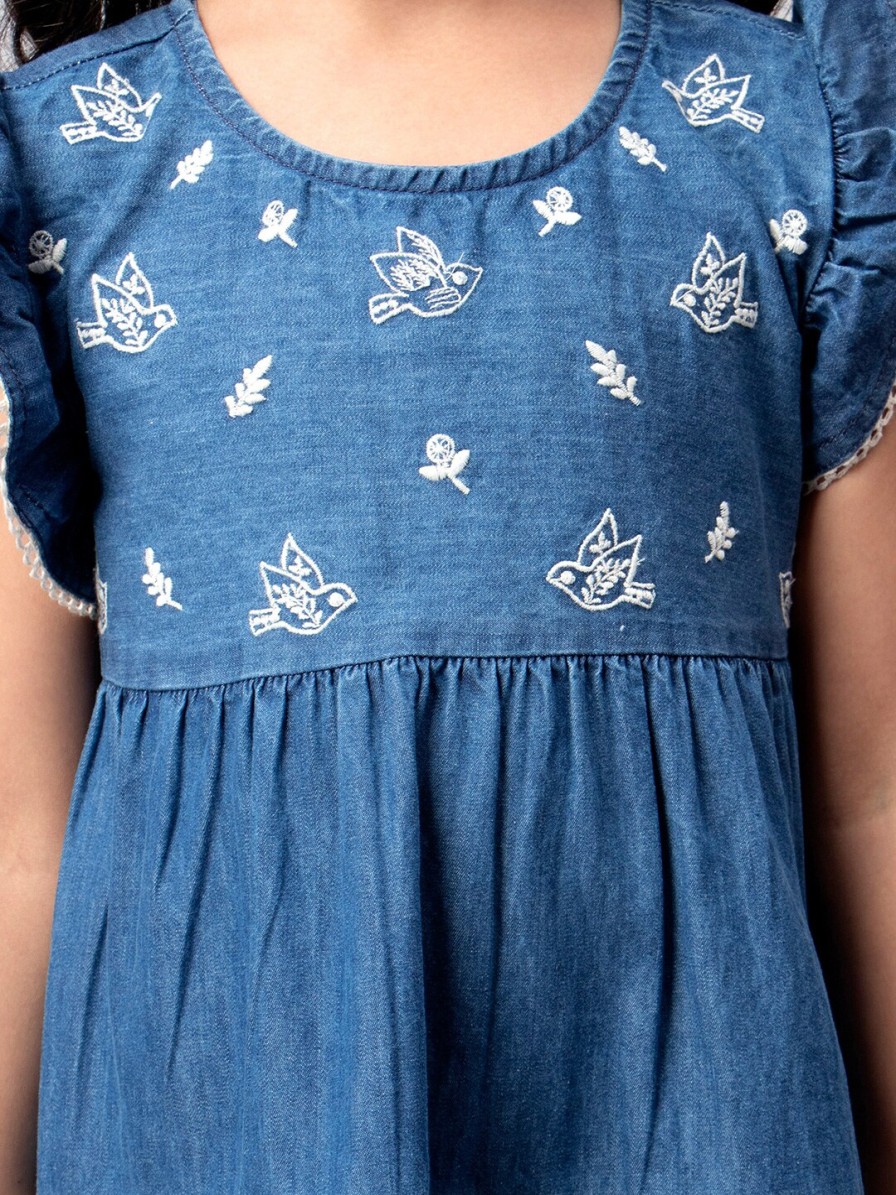 Kids HERE&NOW Dresses | Buy Here&Now Girls Navy Blue & White Embroidered Flutter Sleeves Cotton A Line Dress - Apparel For Girls