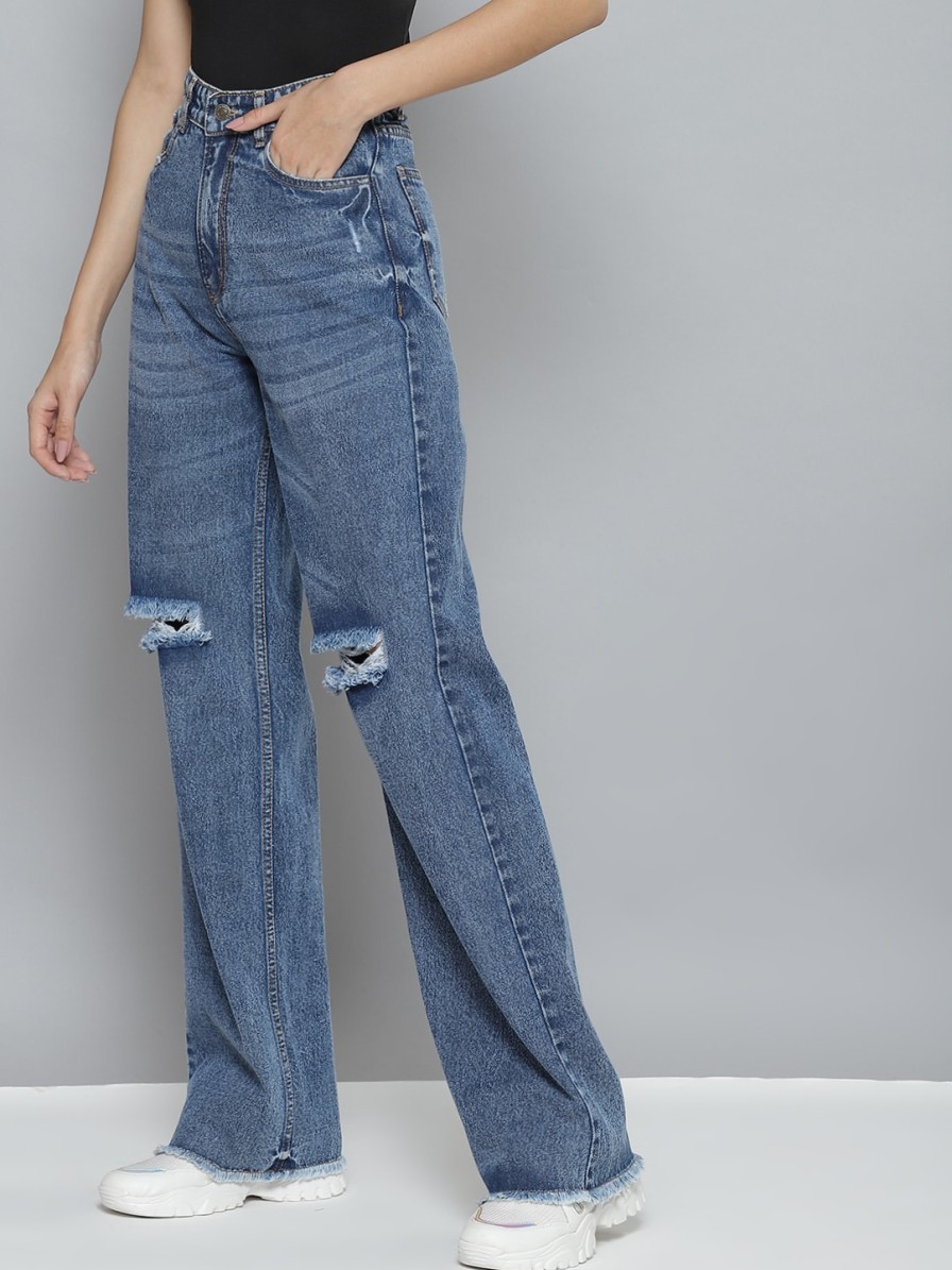 Women SASSAFRAS Jeans | Buy Sassafras Women Blue Comfort Wide Leg High Rise Mildly Distressed Light Fade Jeans - Apparel For Women