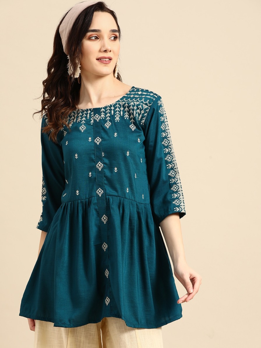 Women Sangria Kurtis, Tunics & Tops | Buy Sangria Teal Embroidered Cinched Waist Longline Top - Apparel For Women